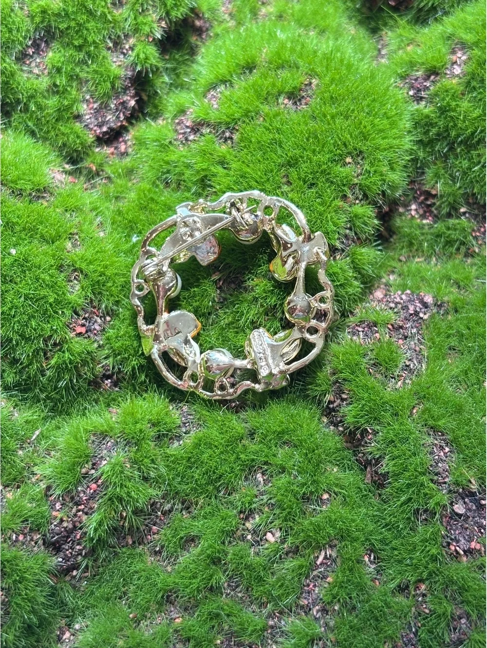 Vintage Floral Wreath Brooch with Orange Enamel Flowers and Faux Pearls